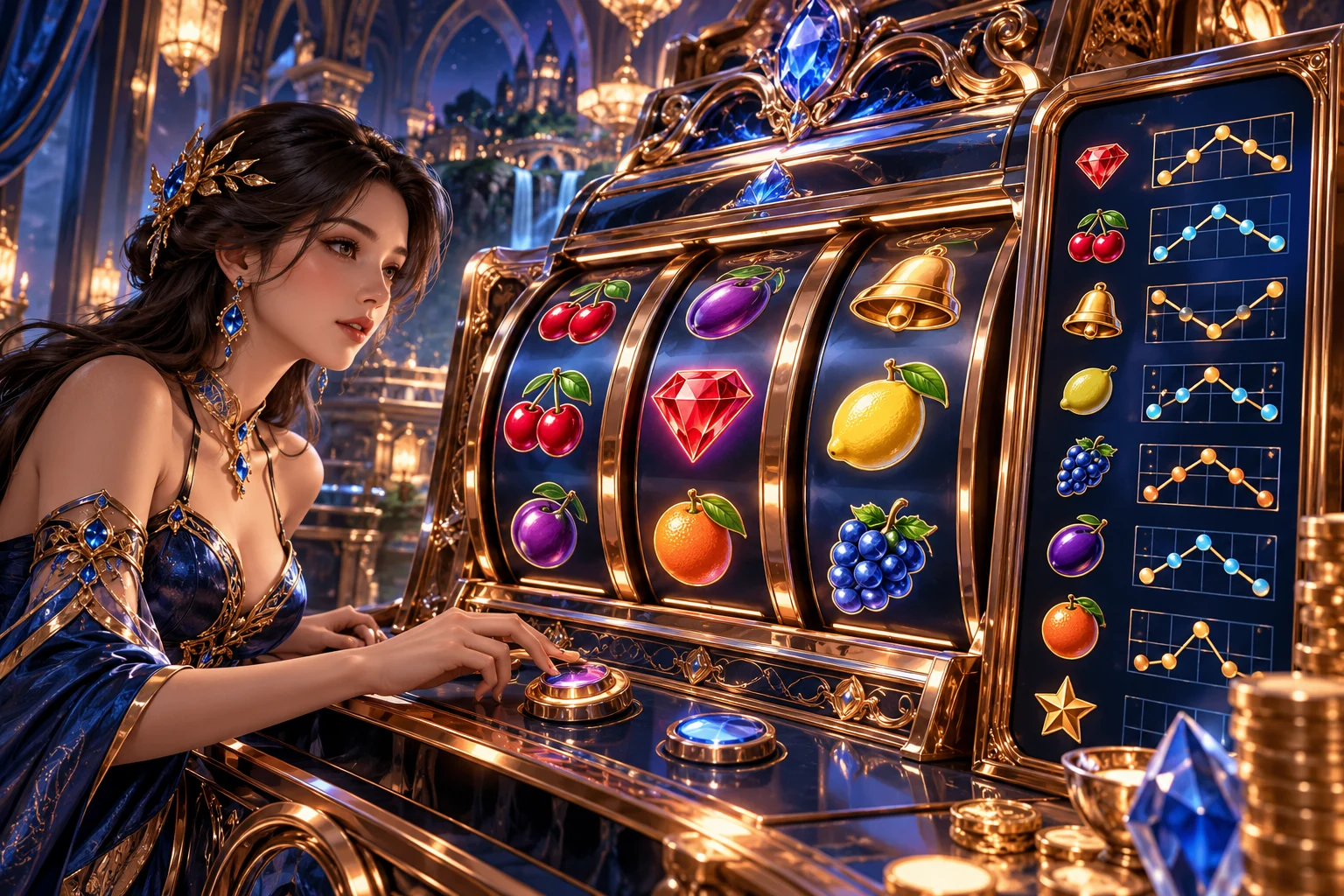 Linhas de pagamento dos slots — ilustração editorial independente KK999