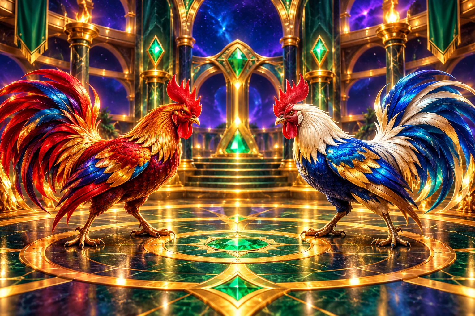 Duelo virtual de galos — ilustração gerada por IA