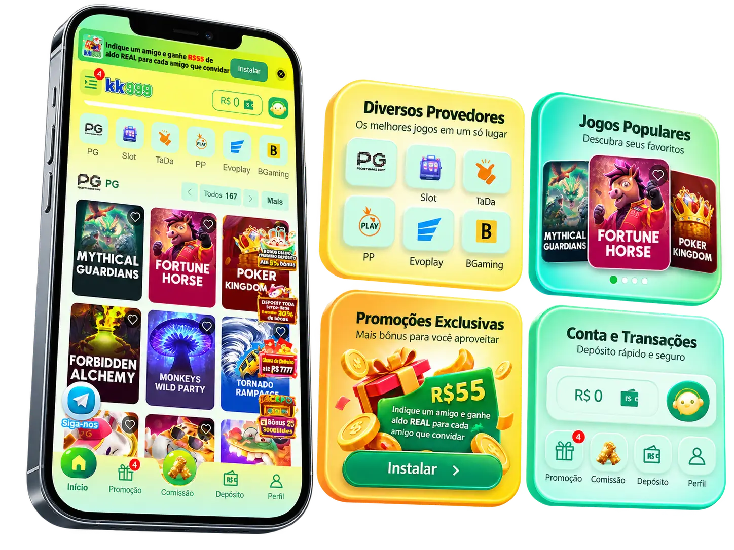 Apresentação KK999 no celular, com catálogo, provedores e atalhos de conta