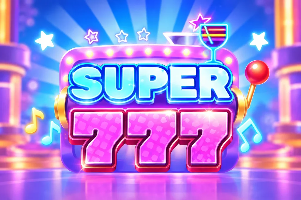 Jogo Super 777 na KK999 com símbolo 777 em neon e estilo caça-níquel clássico